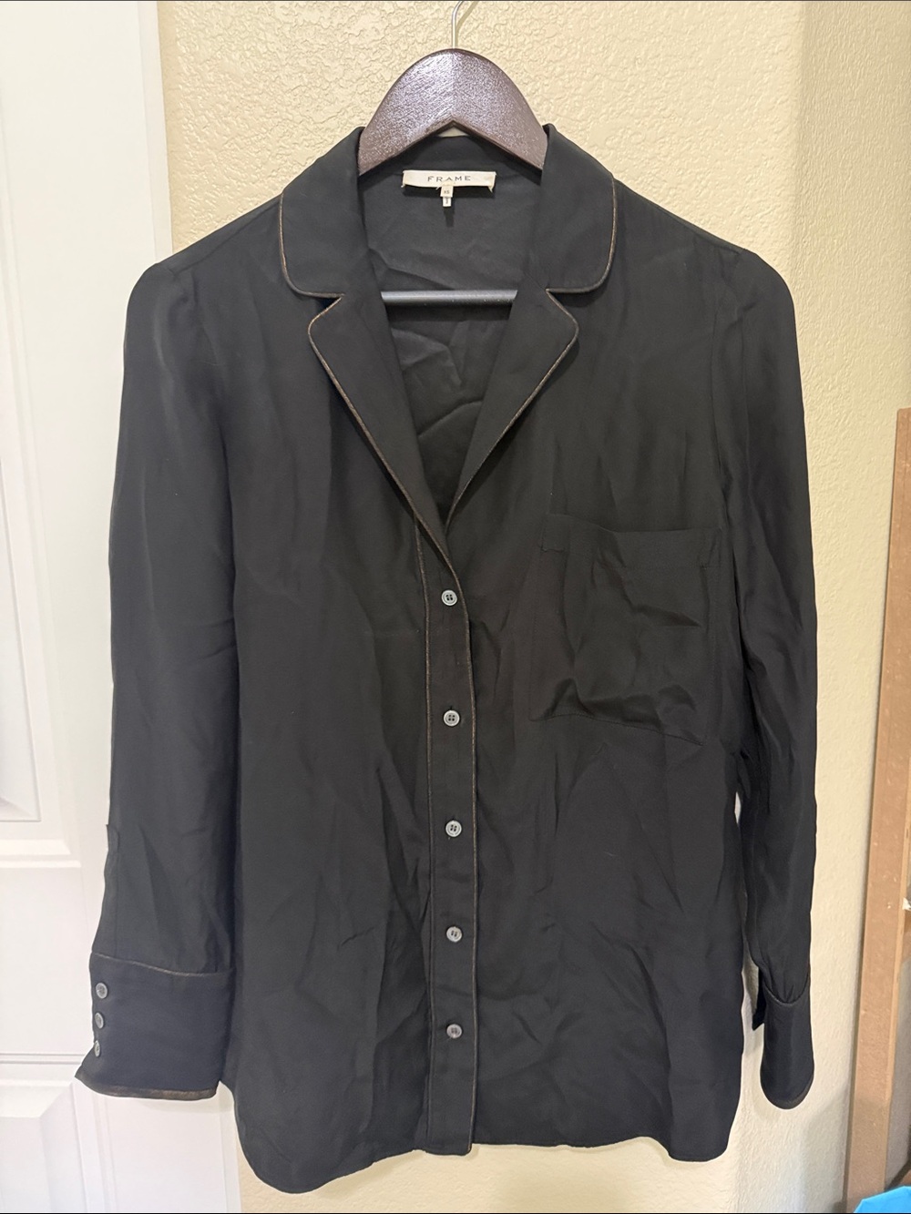 100% Silk Frame Denim Black Button Pajama Top with Gold Piping